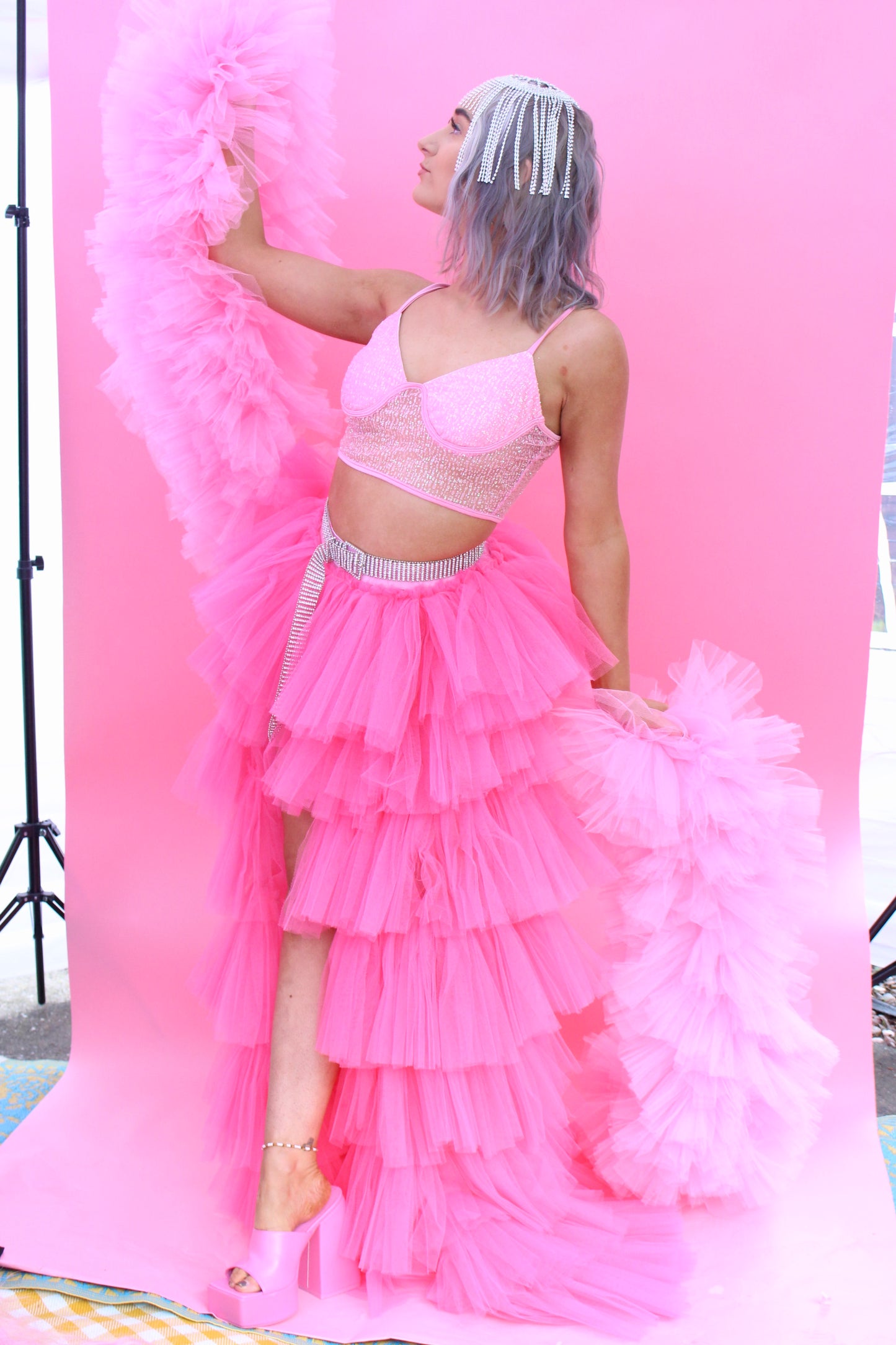 MAXI TULLE RUFFLE SPLIT SKIRT