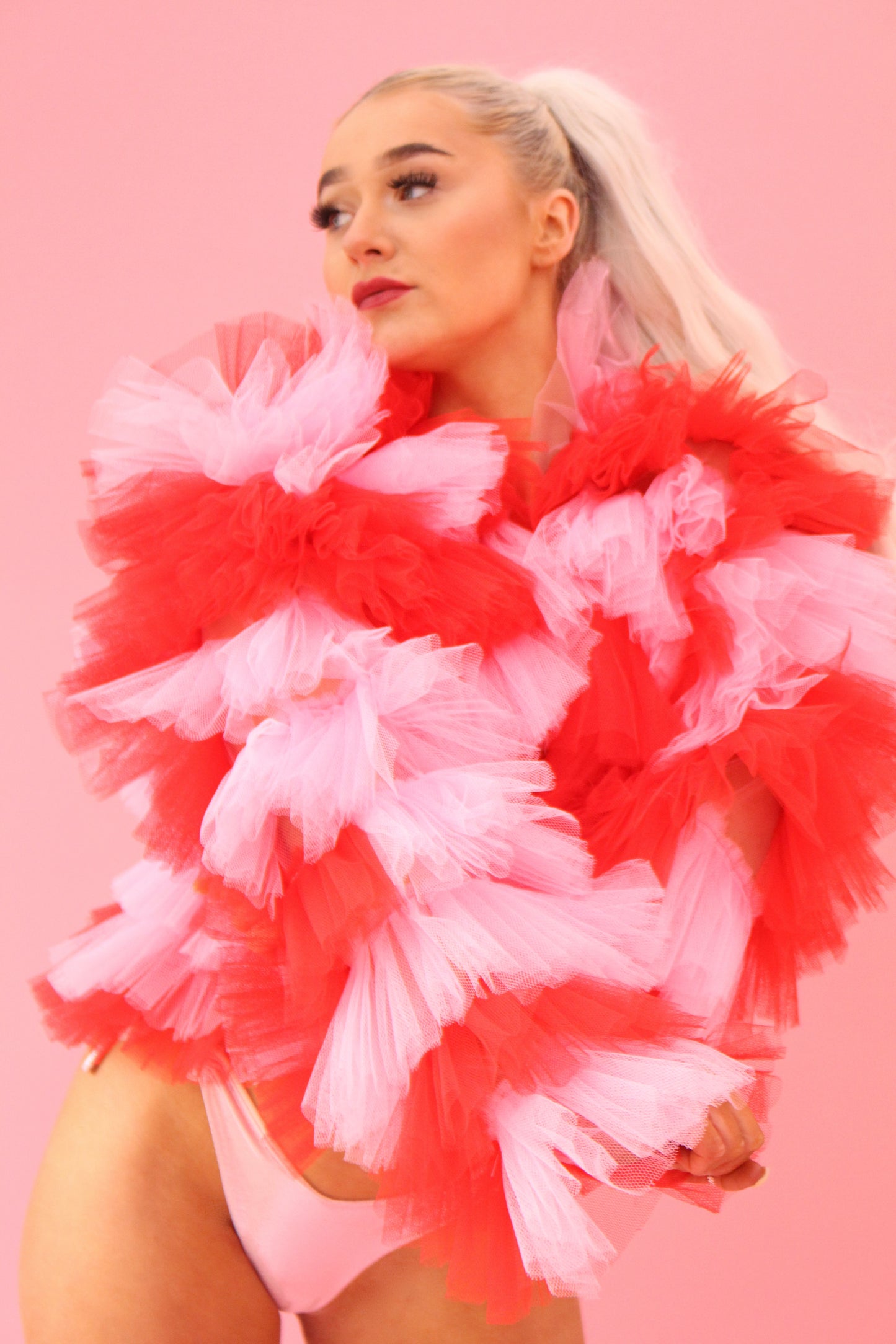 PINK AND RED TULLE RUFFLE JACKET